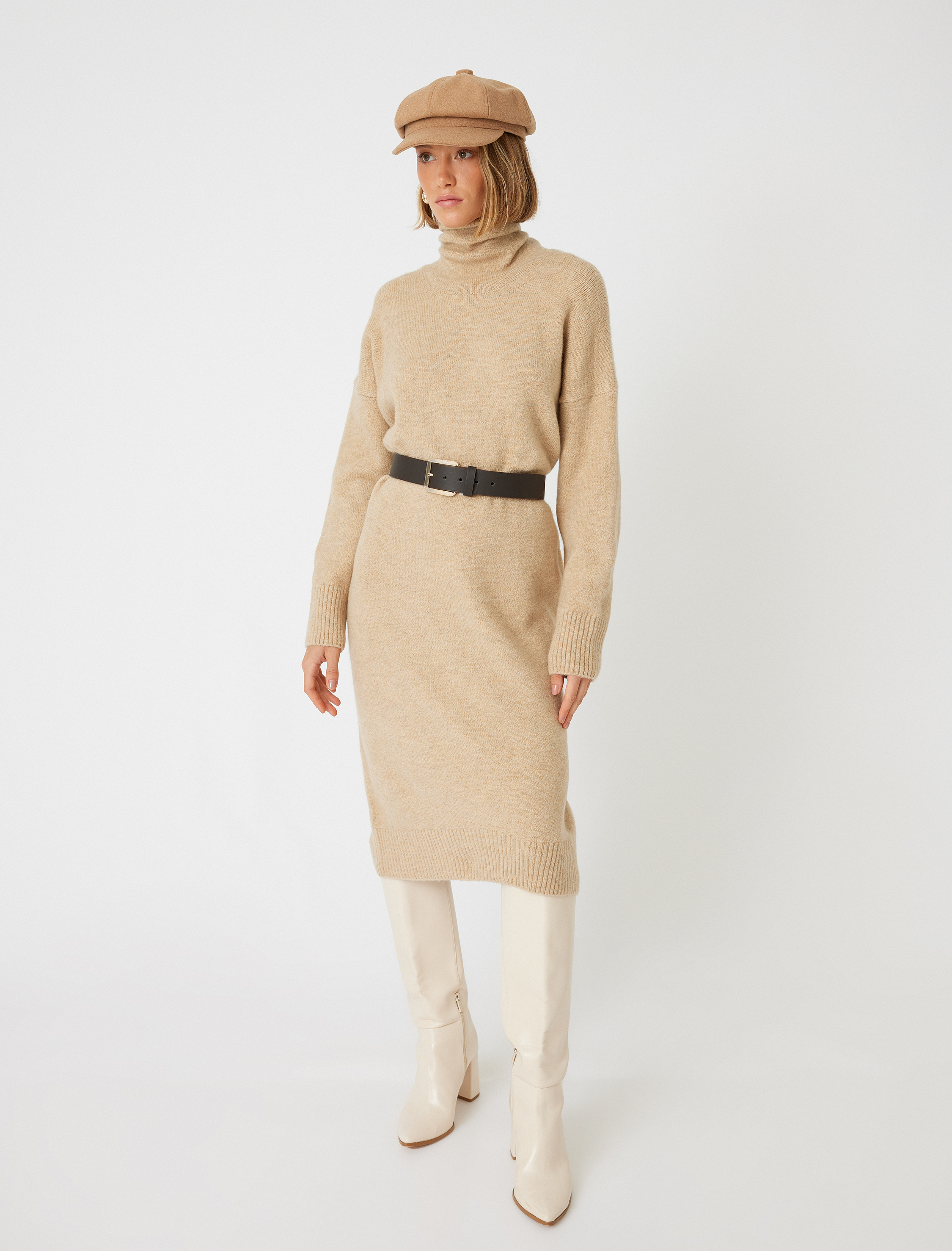   Uzun Kollu Rahat Kalıp Midi Boy Balıkçı Yaka Triko Elbise