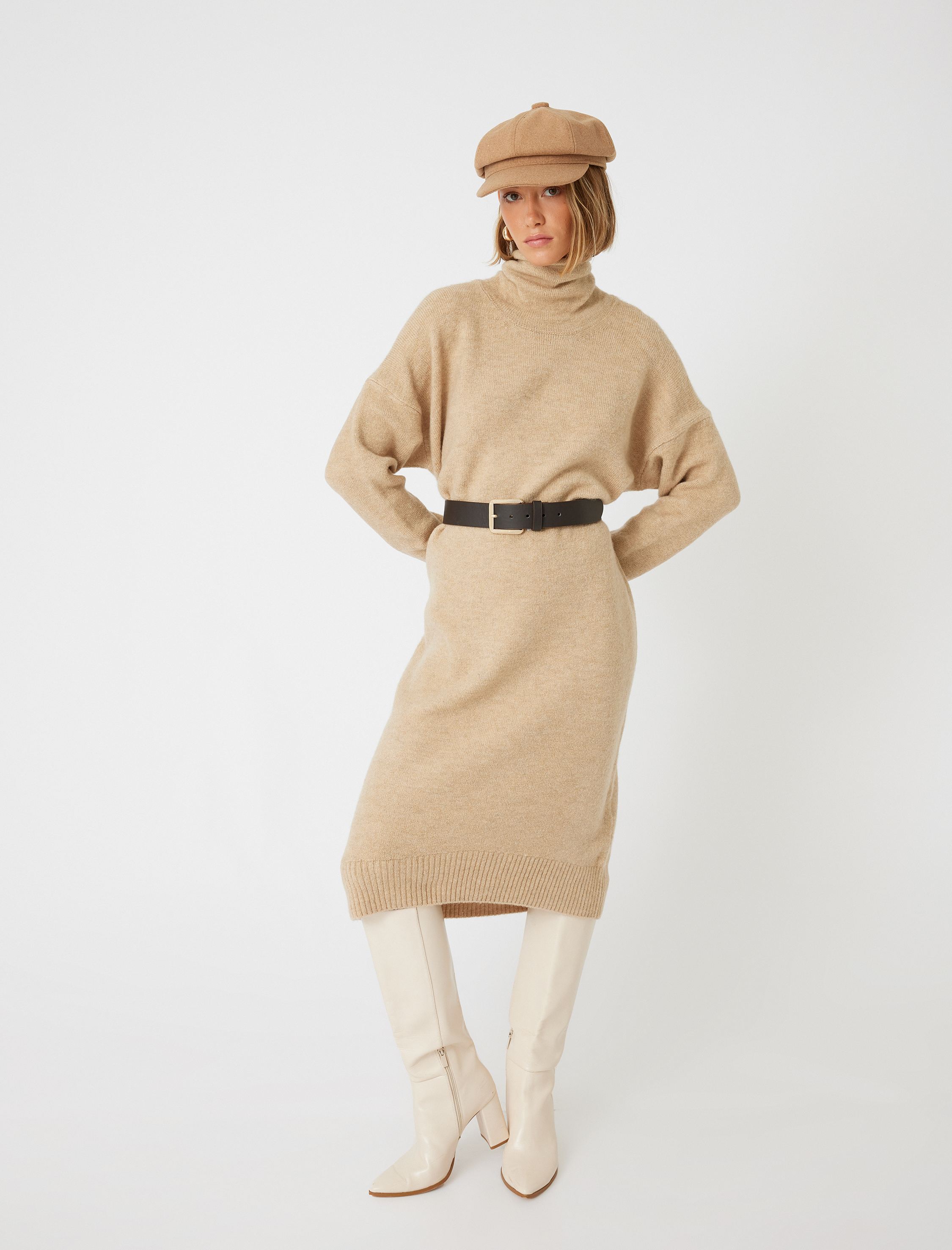   Uzun Kollu Rahat Kalıp Midi Boy Balıkçı Yaka Triko Elbise