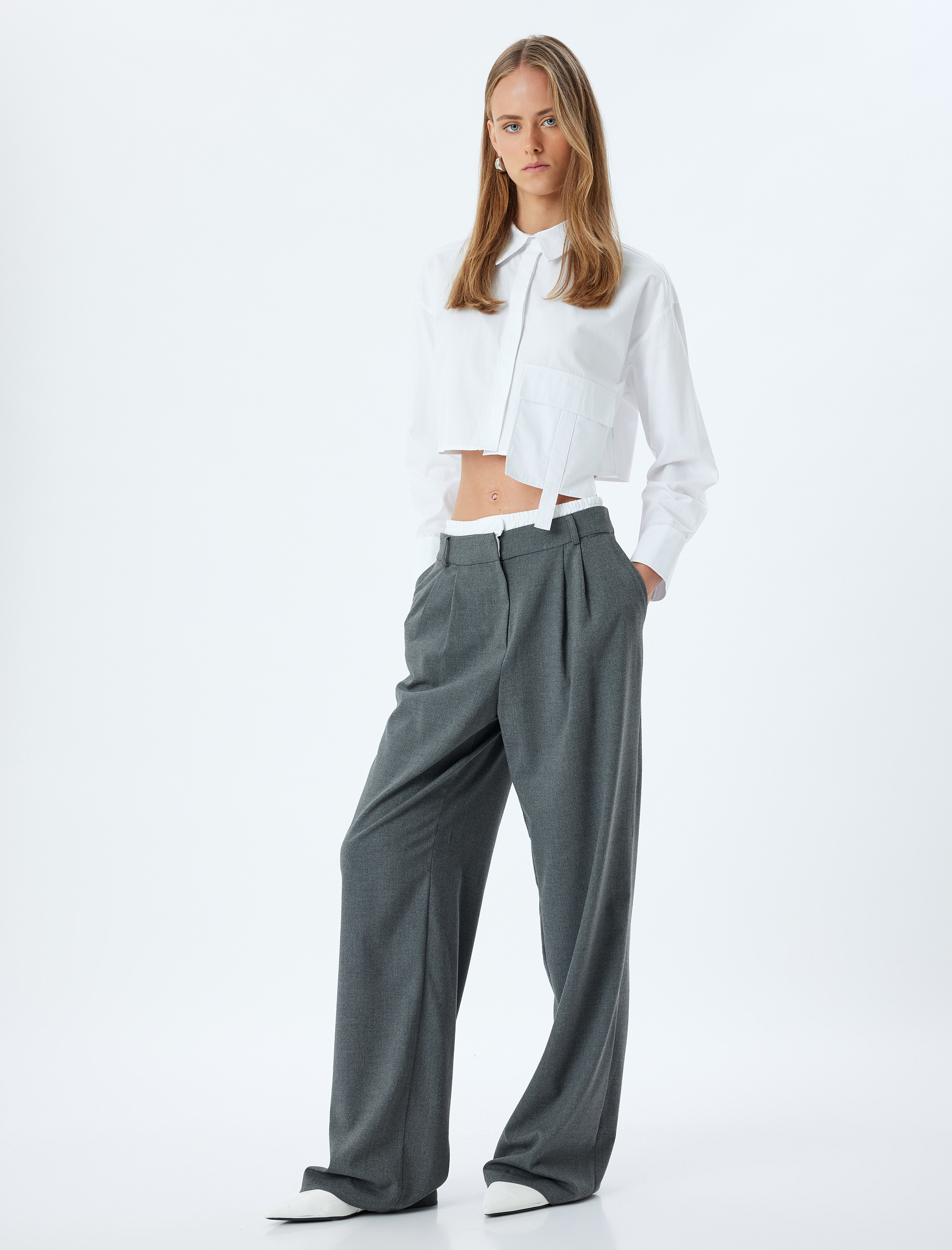   Çift Bel Detaylı Geniş Paça Baggy Kumaş Pantolon