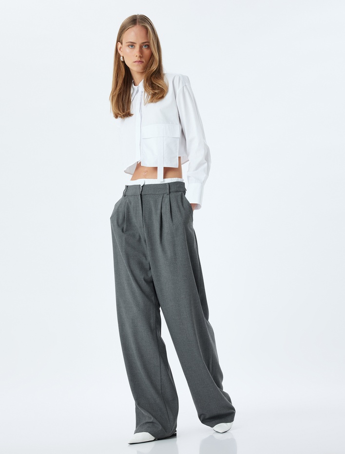  Çift Bel Detaylı Geniş Paça Baggy Kumaş Pantolon