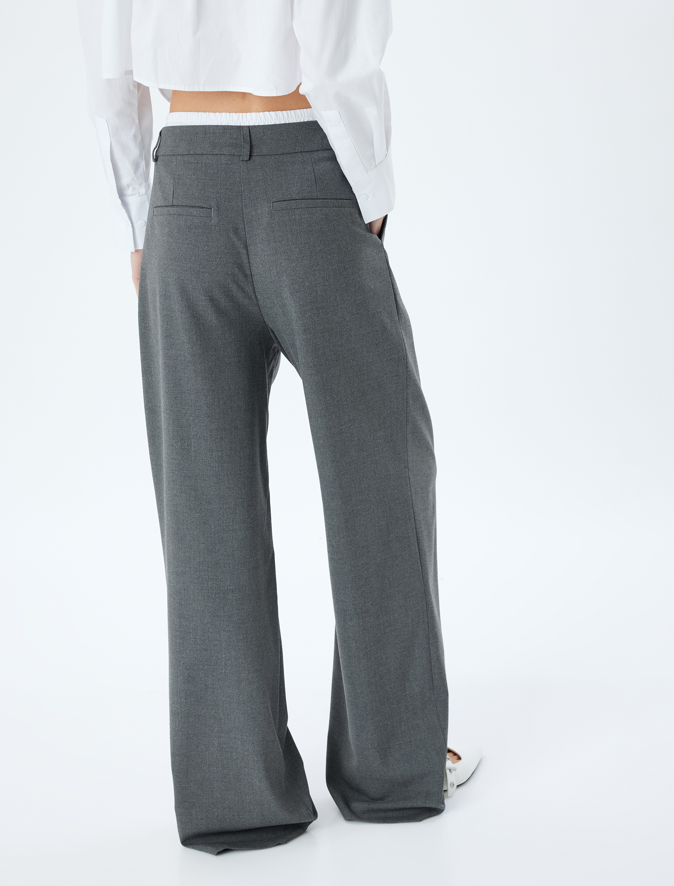   Çift Bel Detaylı Geniş Paça Baggy Kumaş Pantolon