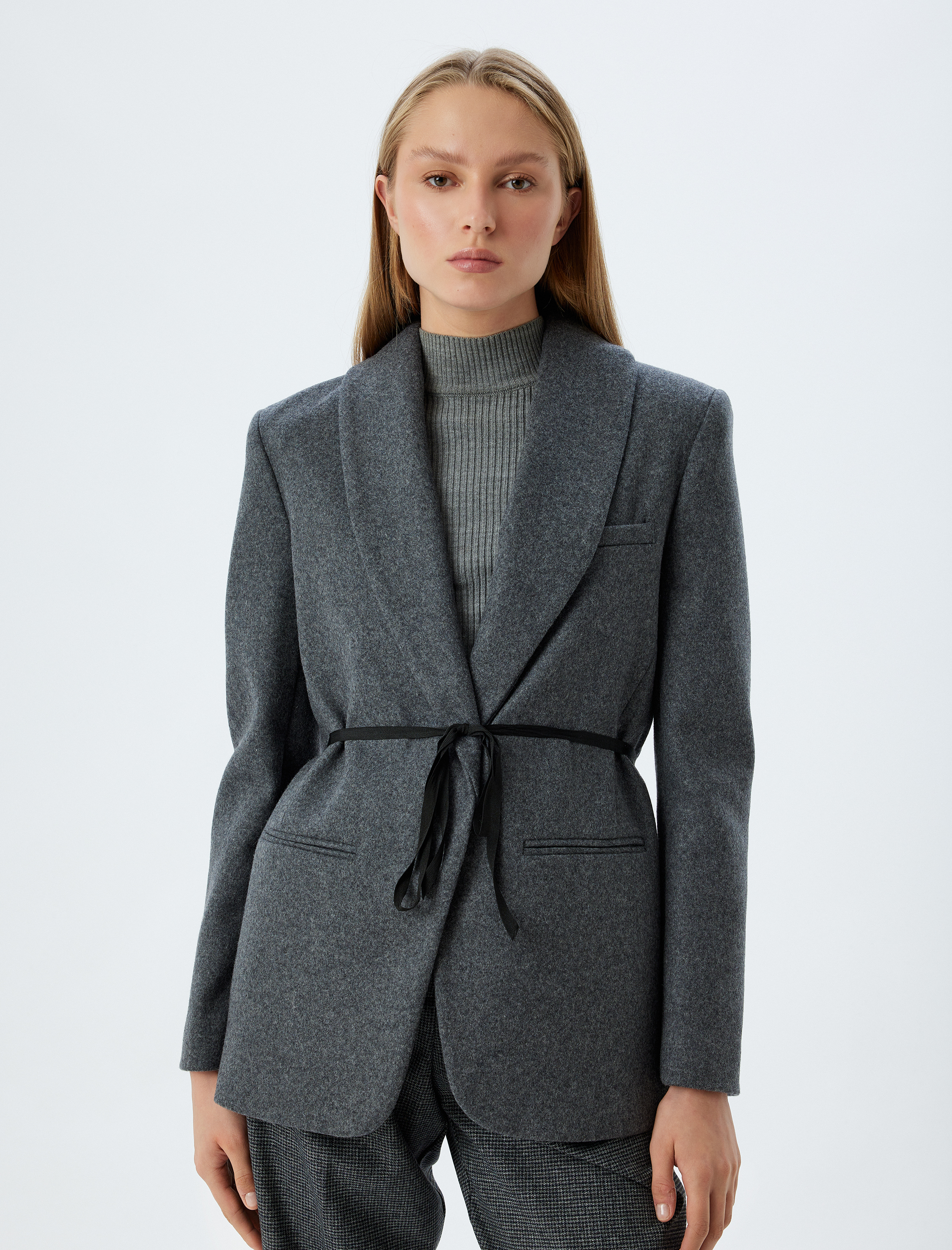   Kaşe Blazer Ceket Bağlama Detaylı Cepli