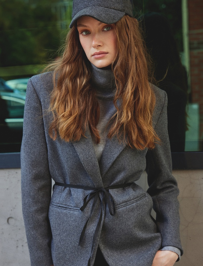  Kaşe Blazer Ceket Bağlama Detaylı Cepli