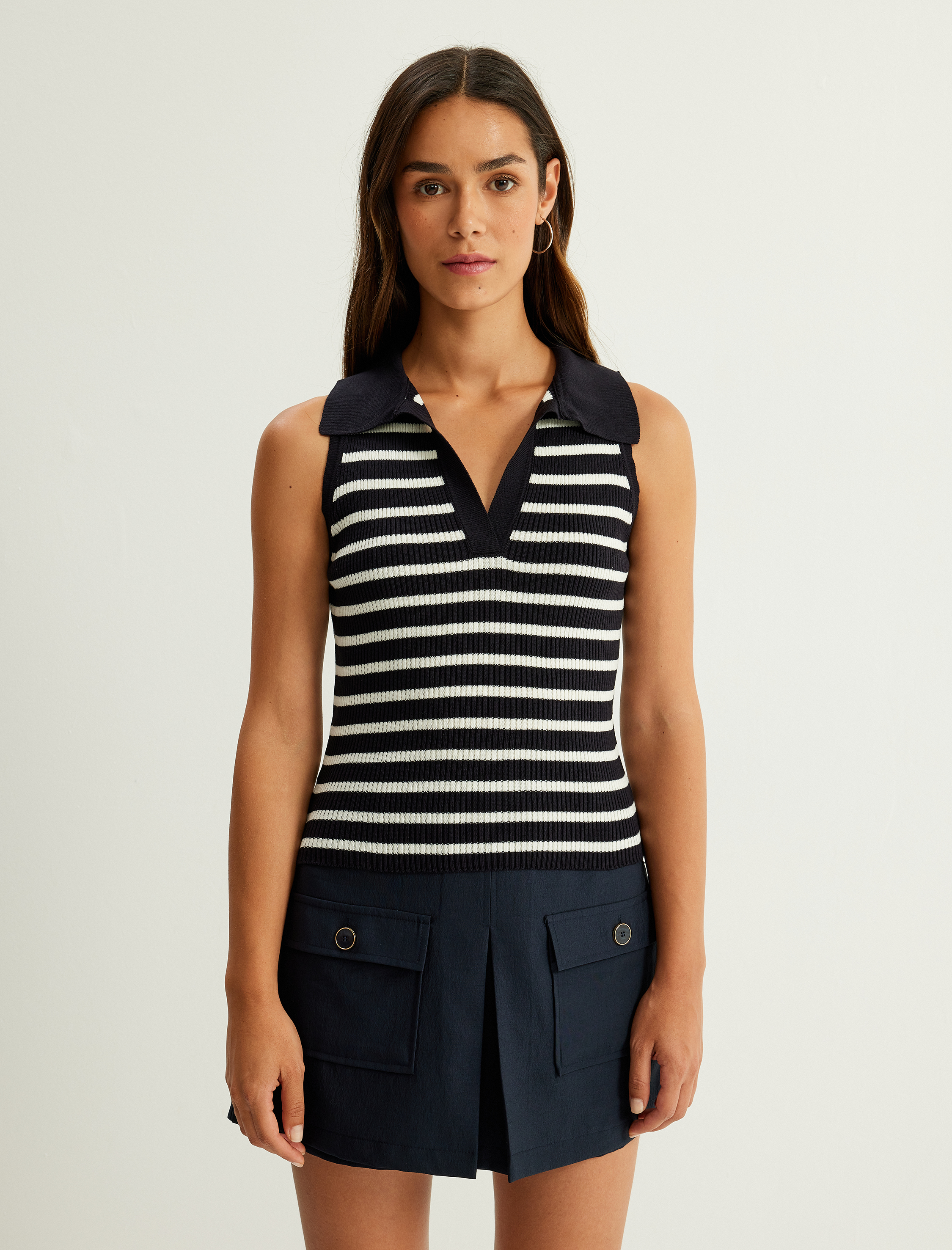   Çizgili Fitilli Triko Kolsuz Polo Yaka Kazak