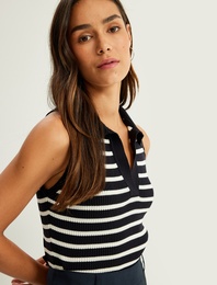 Çizgili Fitilli Triko Kolsuz Polo Yaka Kazak