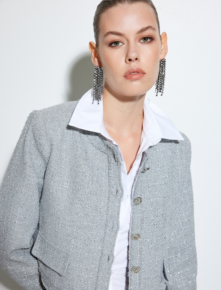  Tüvit Crop Ceket Yuvarlak Yaka Düğmeli Cepli