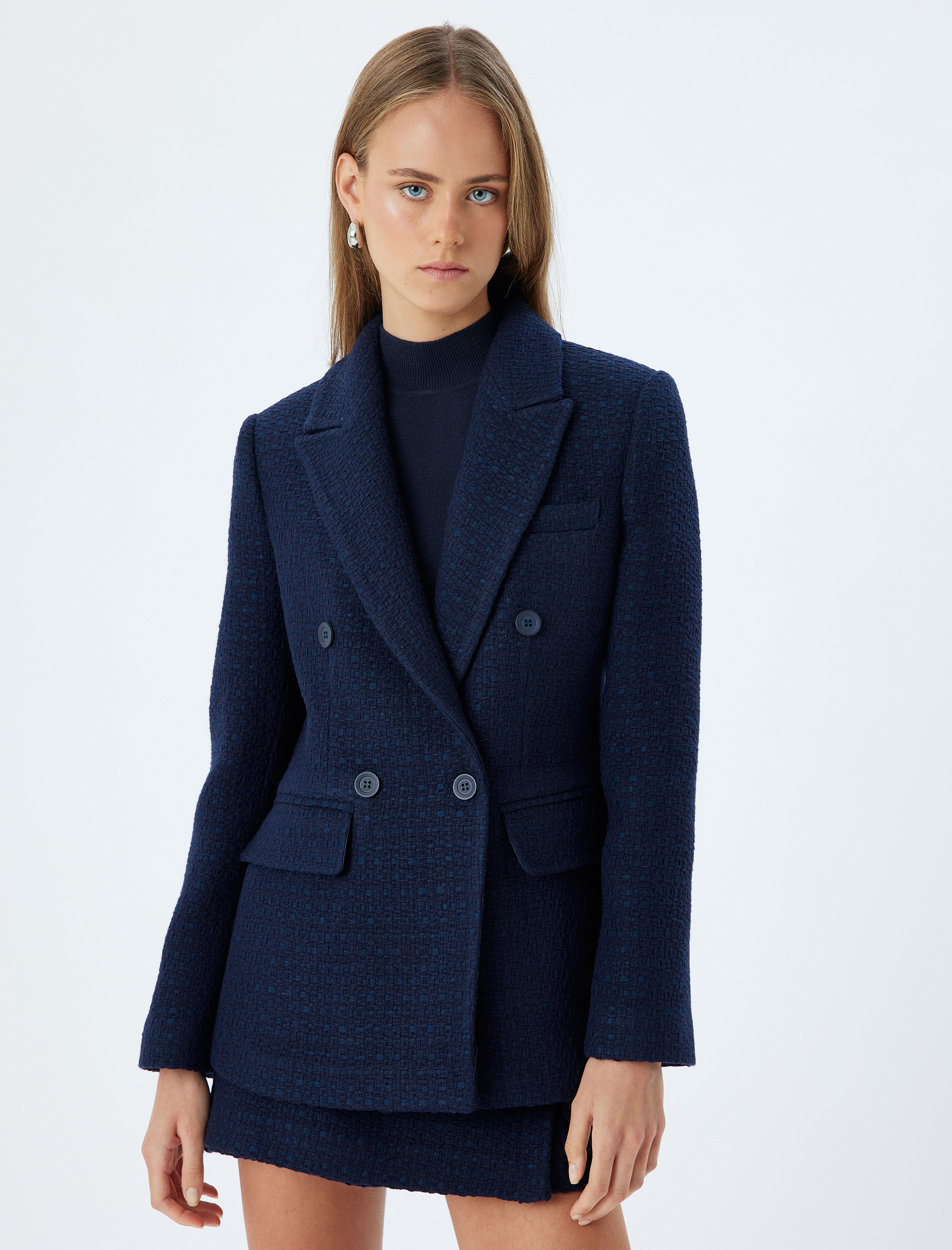   Kruvaze Tüvit Blazer Ceket Kapaklı Cepli Kalça Boy Regular Fit