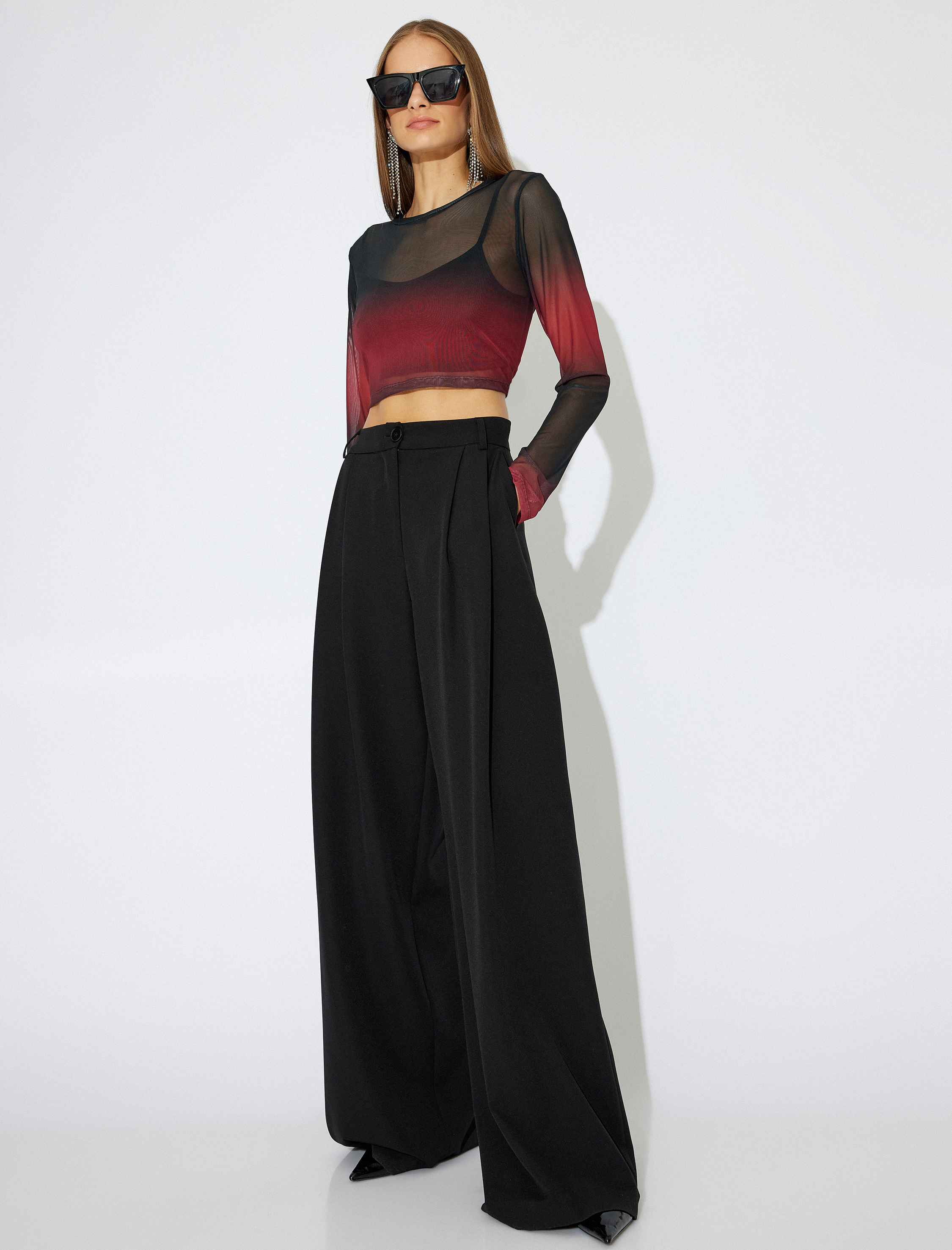   Degrade Uzun Kollu Yuvarlak Yaka Tül Crop Tişört