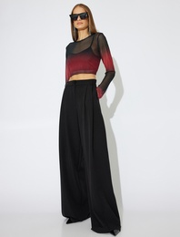 Degrade Uzun Kollu Yuvarlak Yaka Tül Crop Tişört