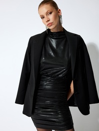 Mini Suni Deri Elbise Vatkalı Drapeli Kolsuz Dik Yaka Slim Fit