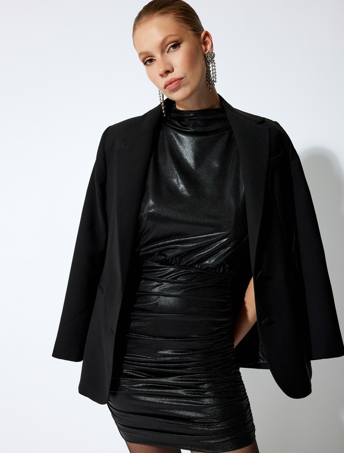  Mini Suni Deri Elbise Vatkalı Drapeli Kolsuz Dik Yaka Slim Fit