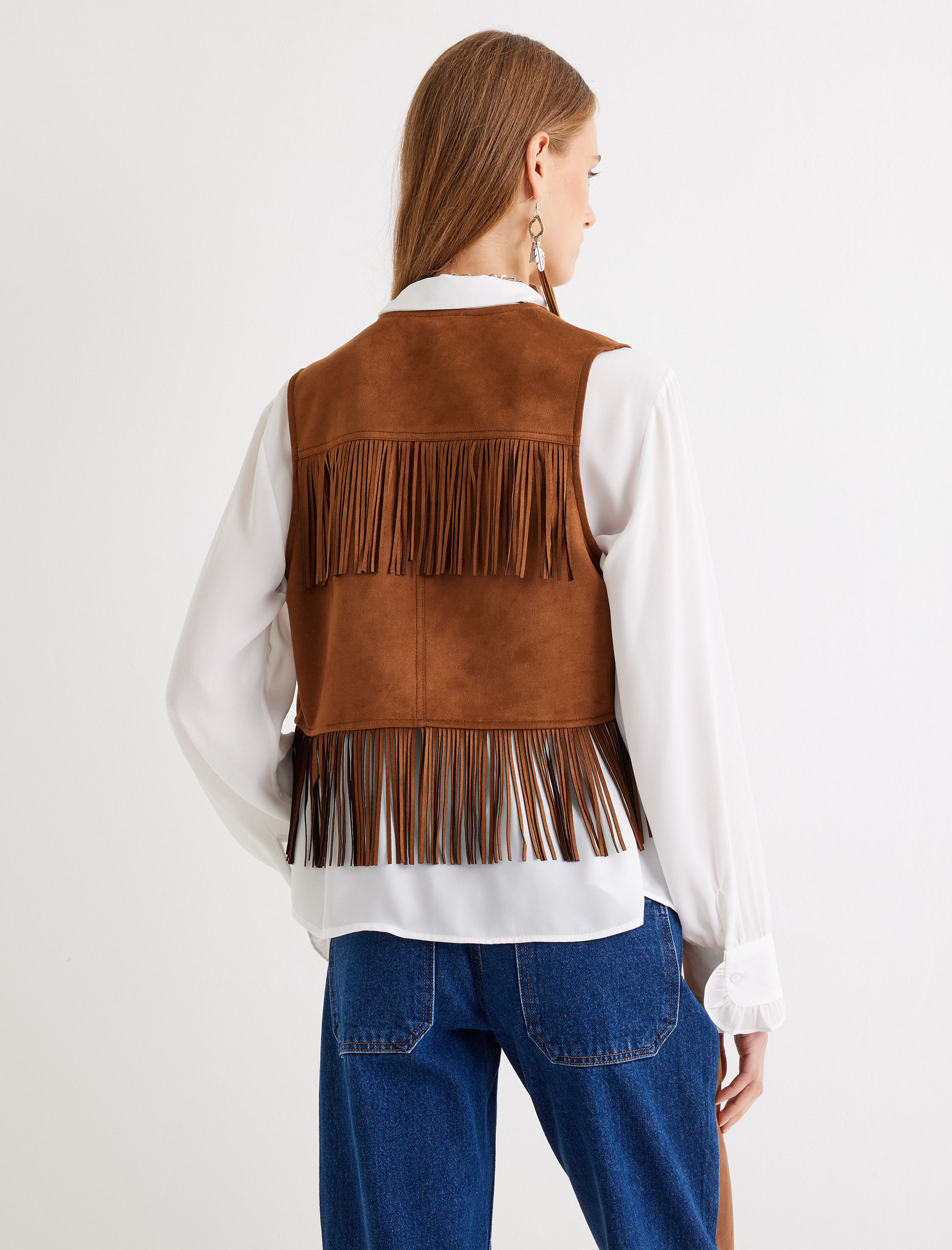   Crop Boy Rahat Kalıp Püsküllü Suni Süet Yelek