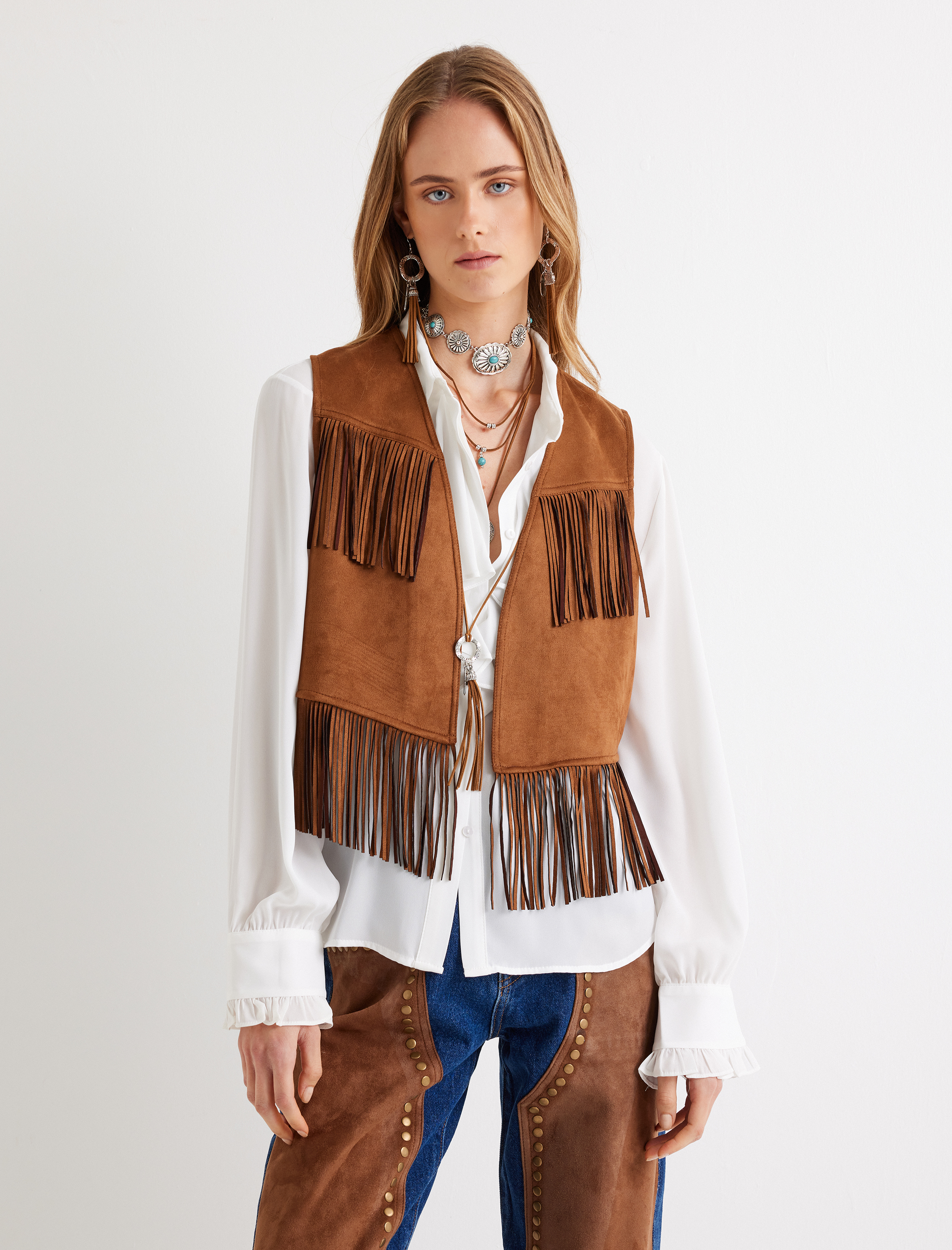   Crop Boy Rahat Kalıp Püsküllü Suni Süet Yelek