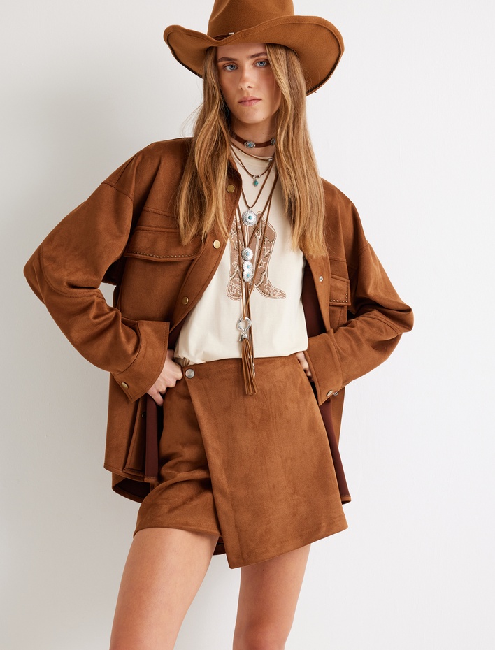  Süet Mini Etek Kruvaze Standart Bel