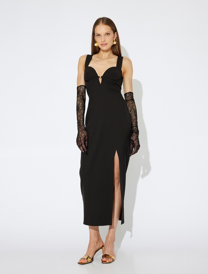  Askılı Kalp Yaka Uzun Elbise Derin Yırtmaç Detaylı