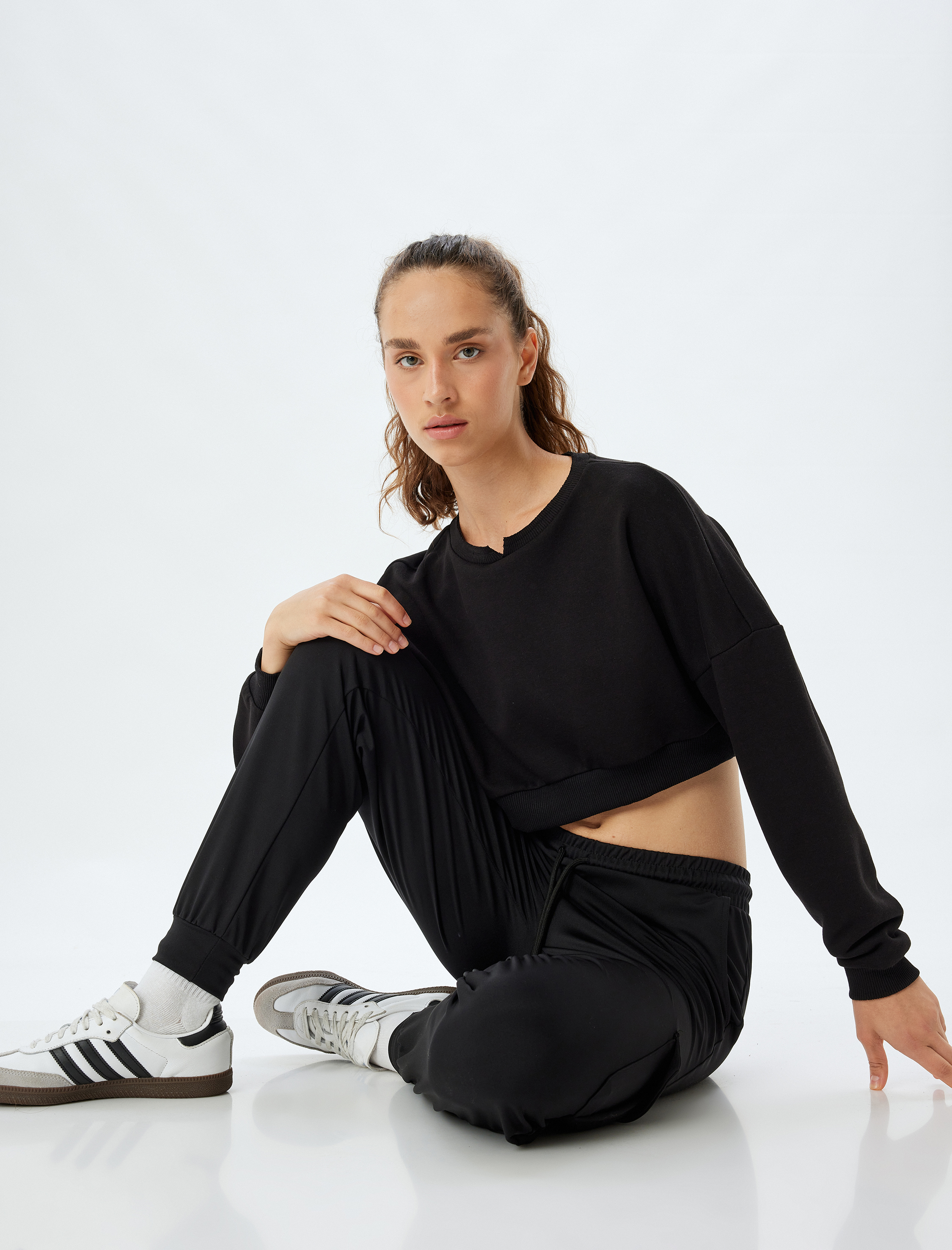   Jogger Eşofman Altı Yüksek Bel Bağcıklı Cep Detaylı Bol Kalıp İnterlok