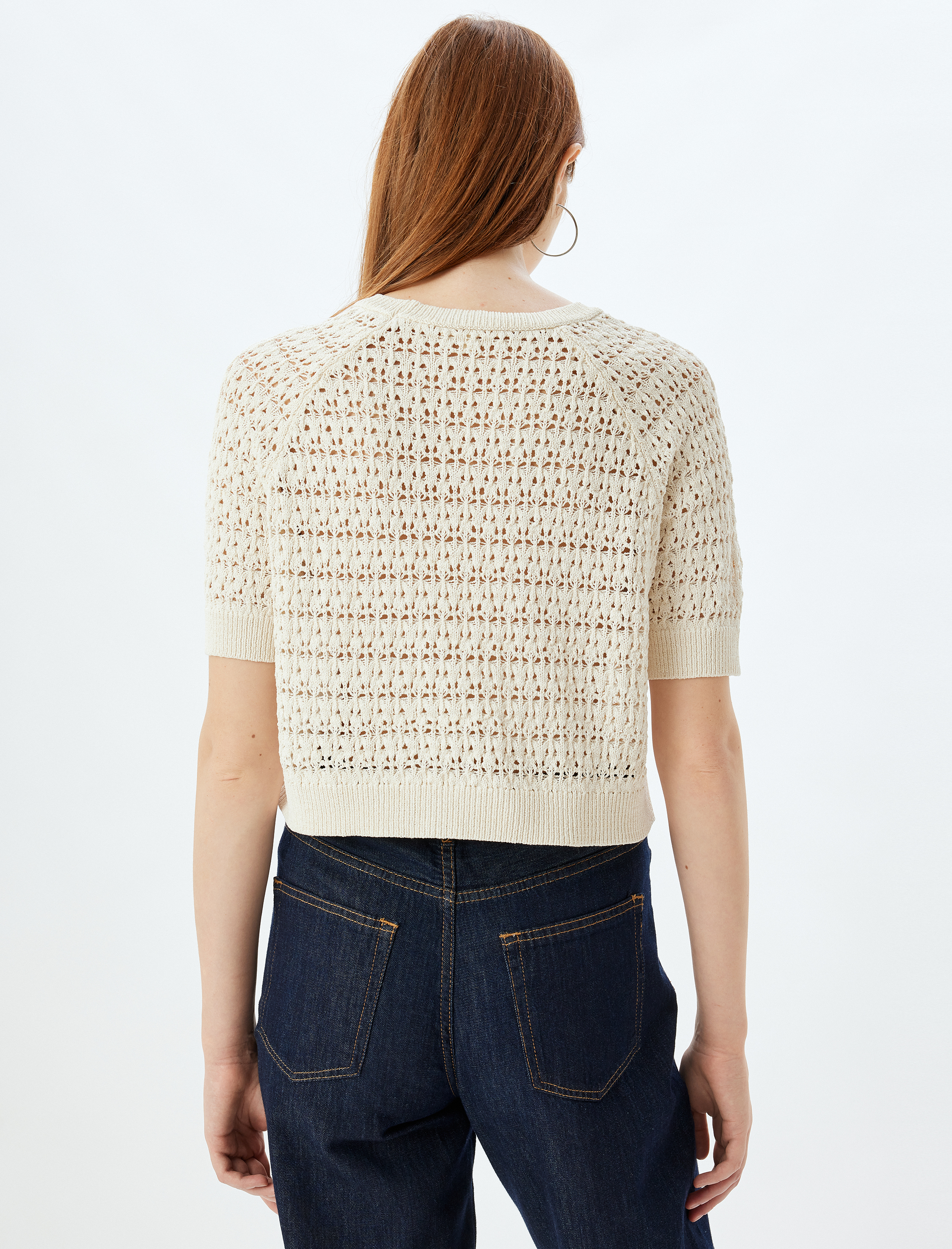   Ajurlu Crop Kazak Kısa Kollu Bisiklet Yaka Boncuk İşlemeli