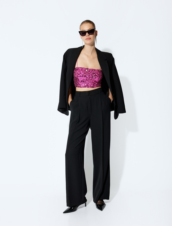  Abiye Crop Bluz Pullu Payetli İp Askılı Slim Fit