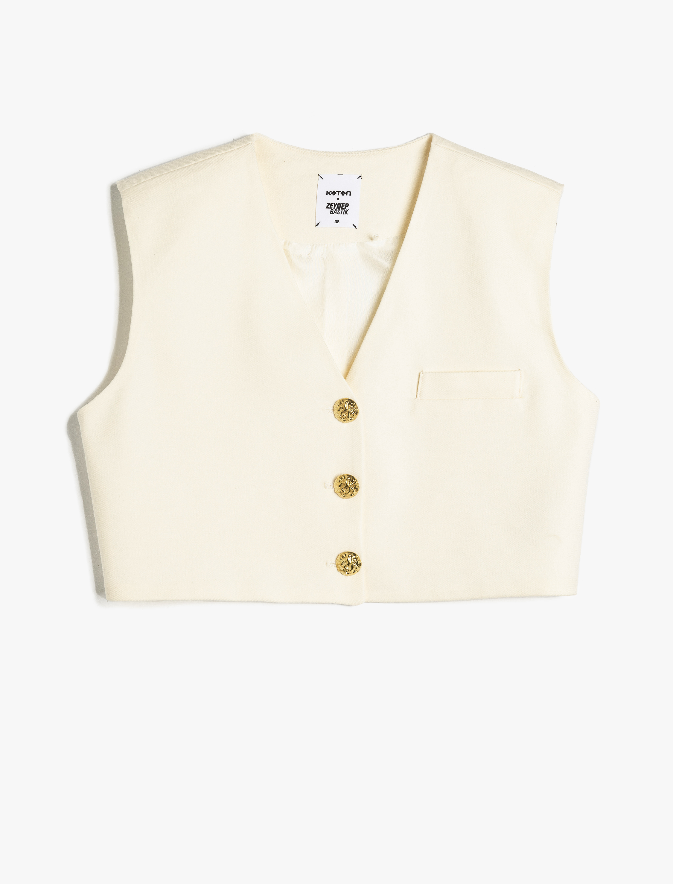   V Yaka Gold Düğmeli Crop Blazer Yelek