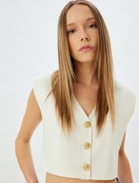 V Yaka Gold Düğmeli Crop Blazer Yelek