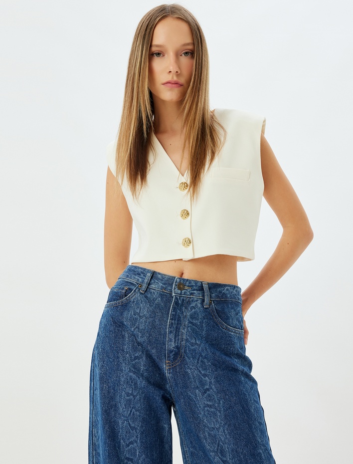  V Yaka Gold Düğmeli Crop Blazer Yelek