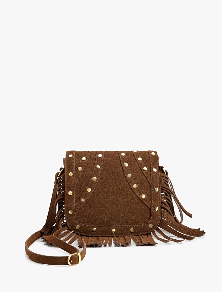 Kadın Suni Süet Püsküllü Çapraz Çanta Zımba Detaylı