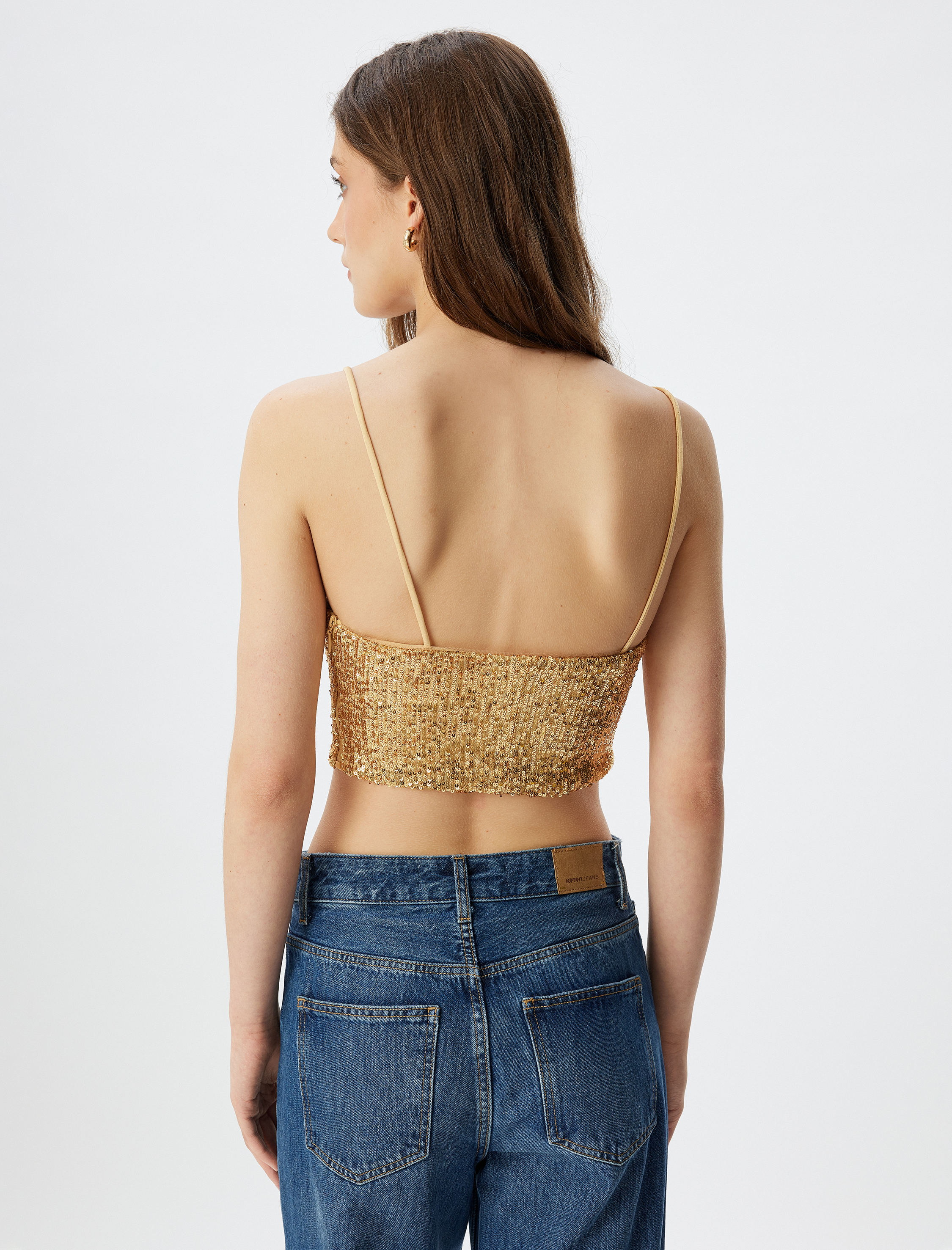   Pullu Payetli İp Askılı Kare Yaka Crop Bluz