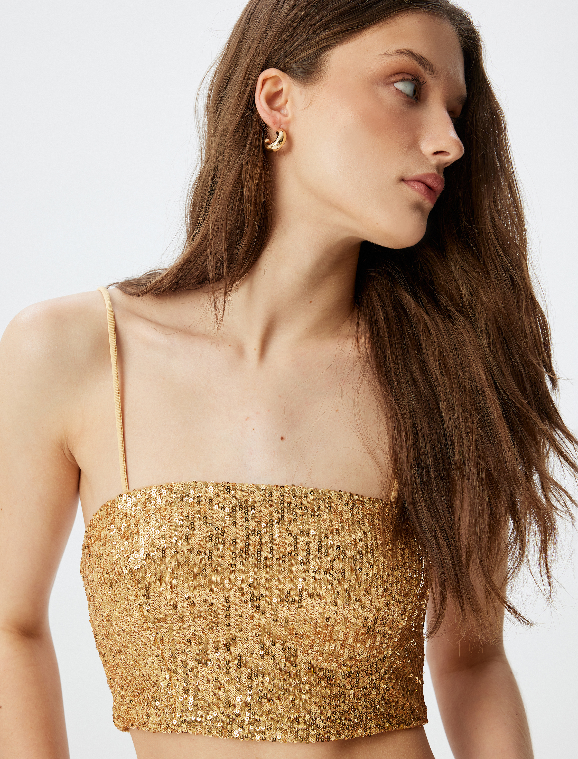   Pullu Payetli İp Askılı Kare Yaka Crop Bluz