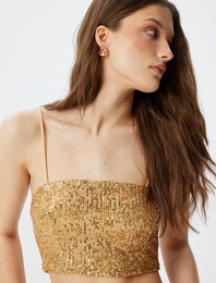 Pullu Payetli İp Askılı Kare Yaka Crop Bluz