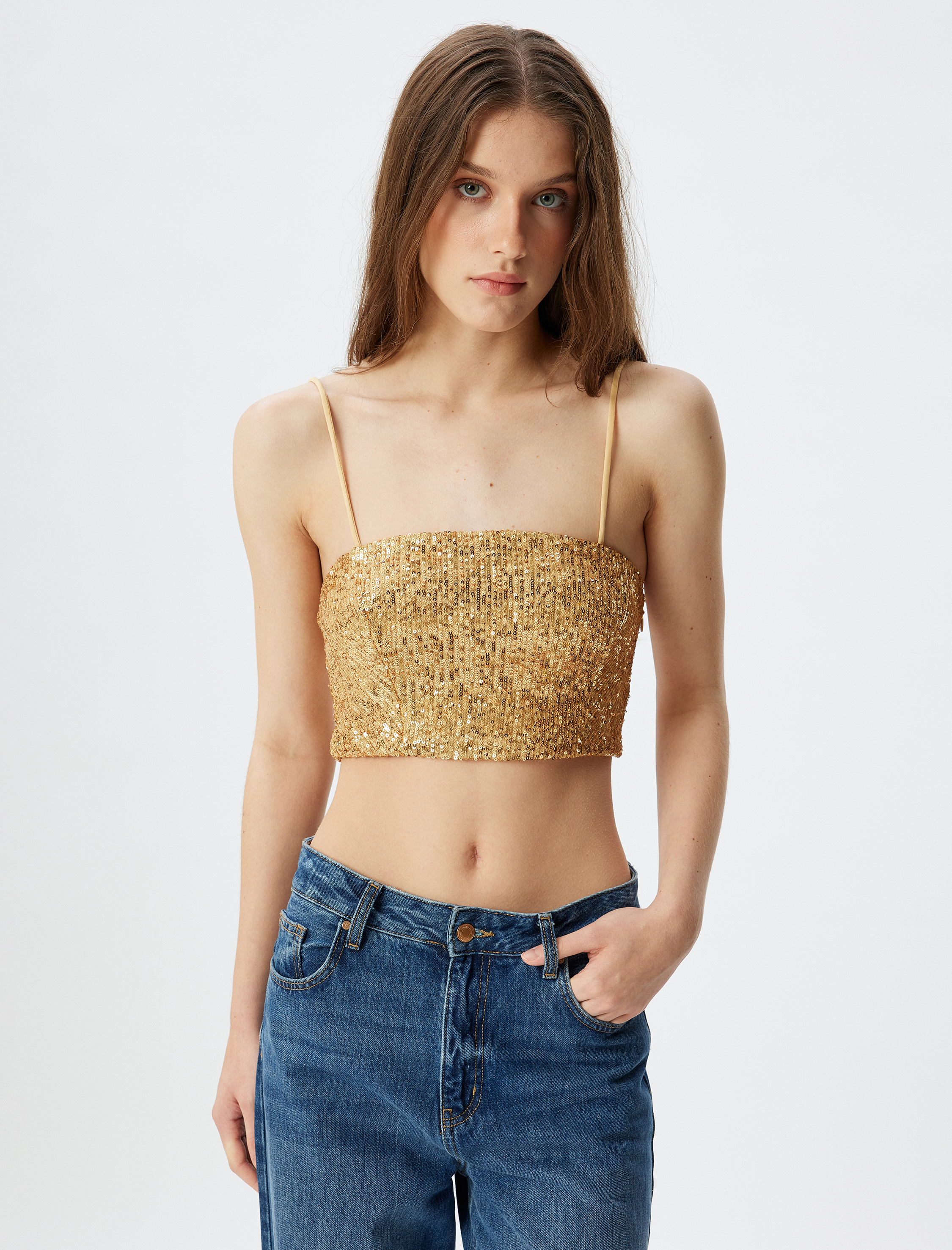   Pullu Payetli İp Askılı Kare Yaka Crop Bluz