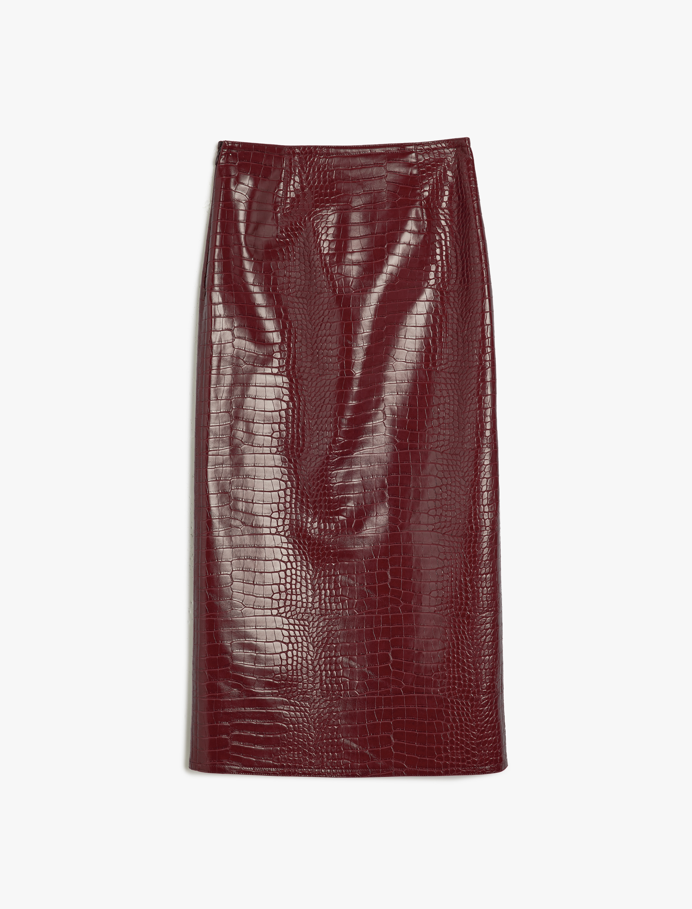   Midi Boy Önden Yırtmaç Detaylı Standart Bel Parlak Suni Deri Kalem Etek