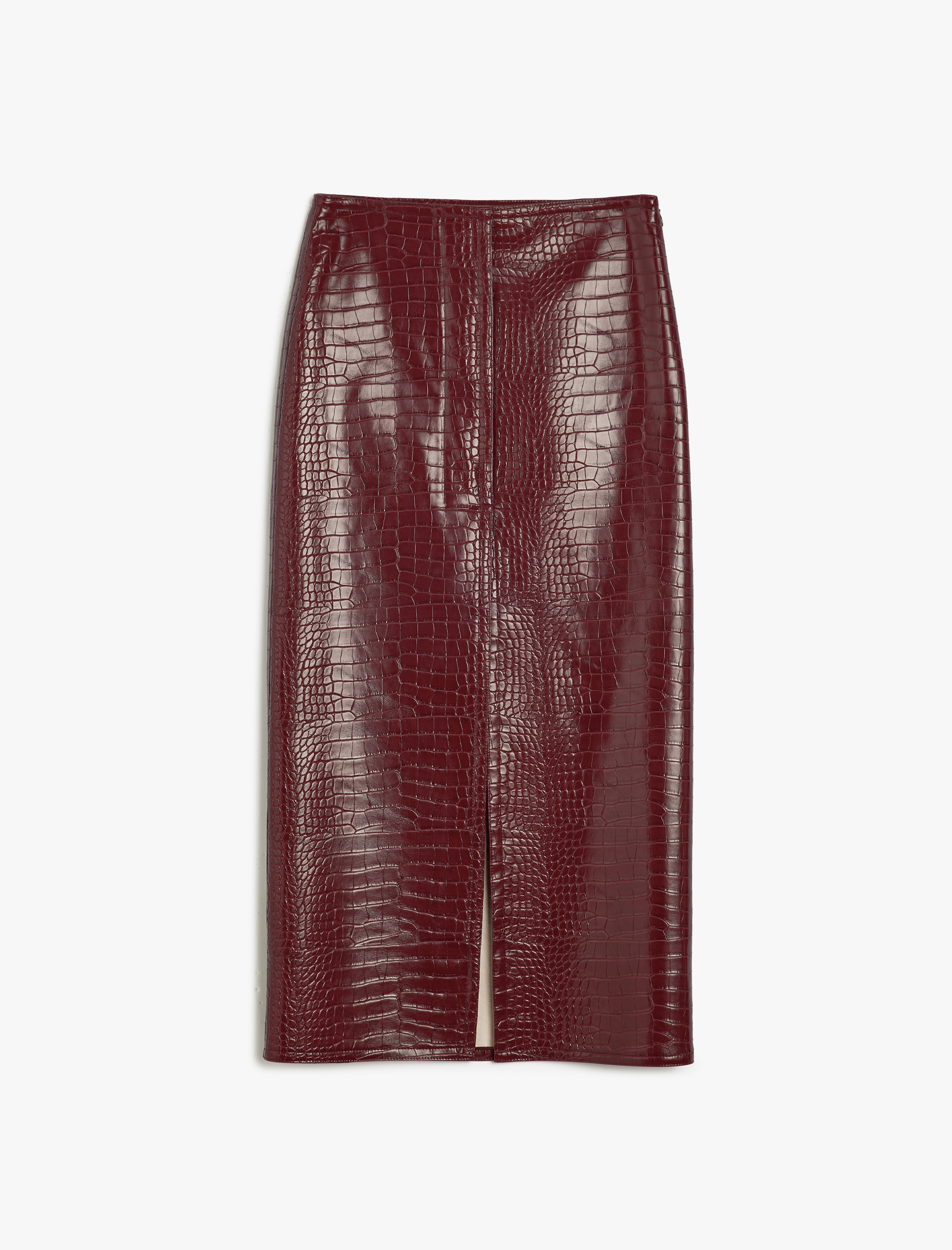   Midi Boy Önden Yırtmaç Detaylı Standart Bel Parlak Suni Deri Kalem Etek