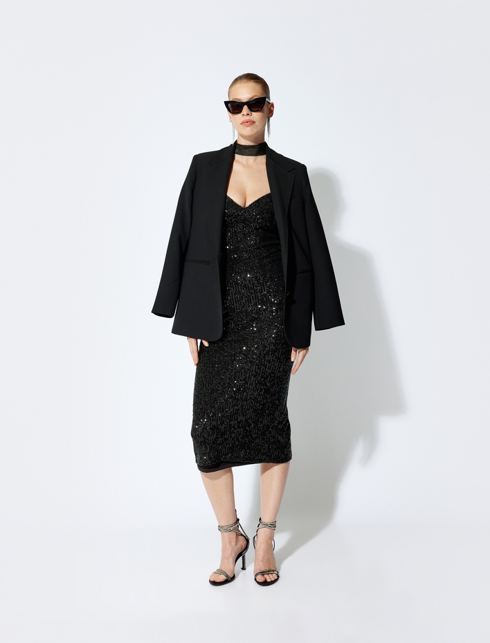  Abiye Elbise Pullu Payetli Midi Yırtmaç Detaylı Askılı Kalp Yaka Slim Fit