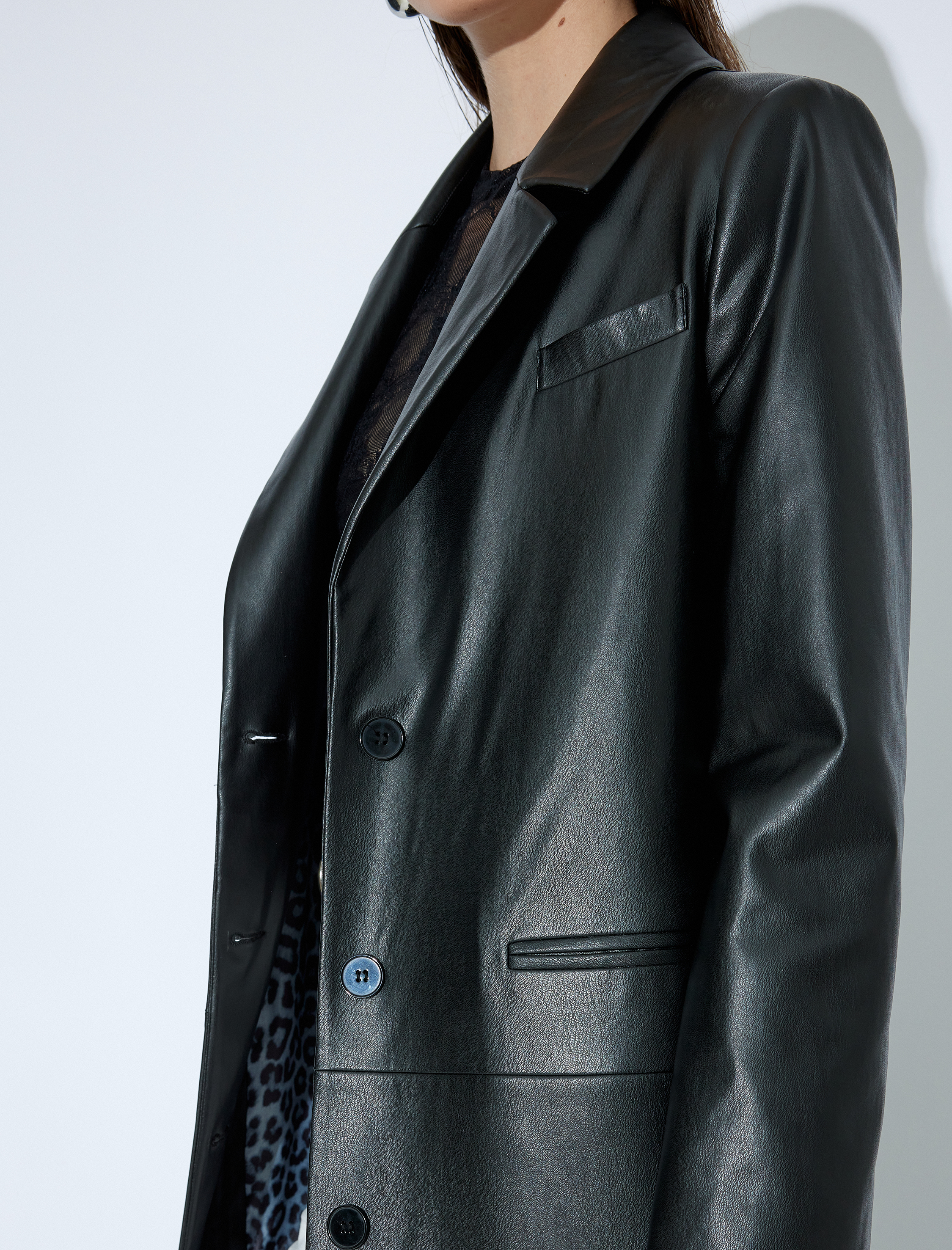   Ekstra Uzun Suni Deri Trençkot Kruvaze Düğmeli Cepli