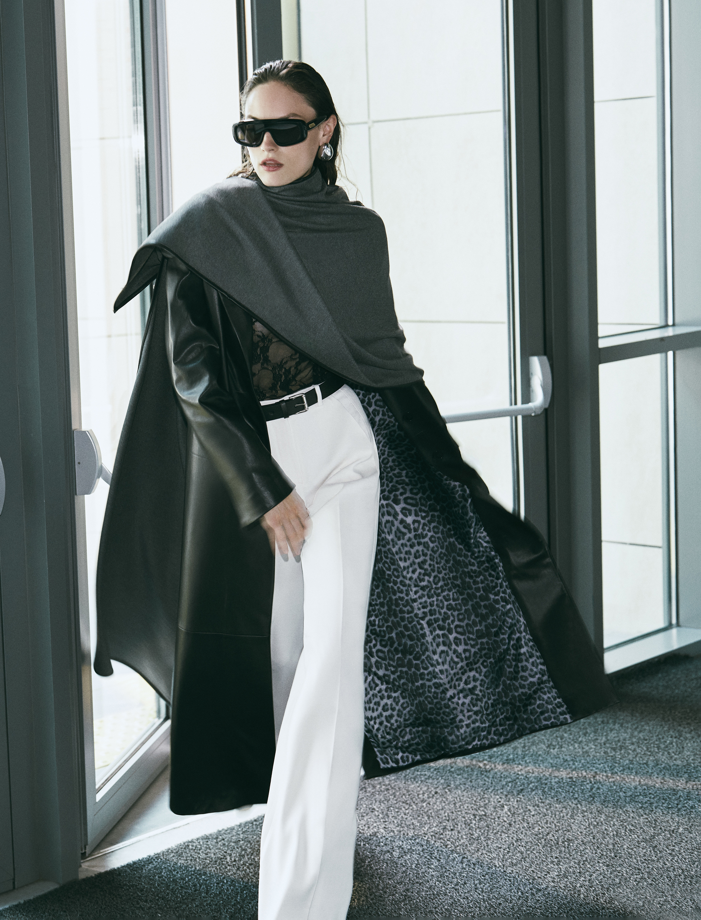   Ekstra Uzun Suni Deri Trençkot Kruvaze Düğmeli Cepli