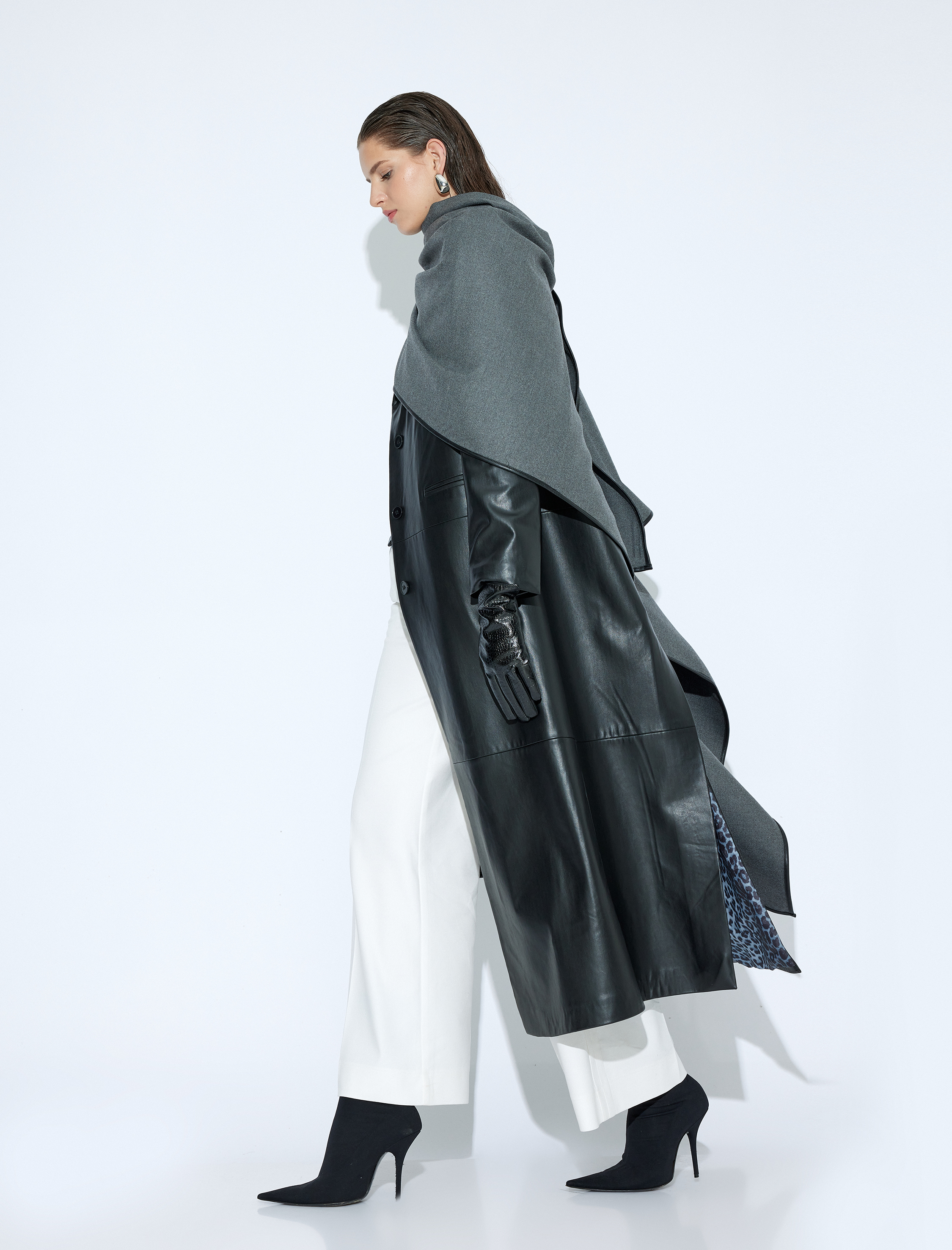   Ekstra Uzun Suni Deri Trençkot Kruvaze Düğmeli Cepli