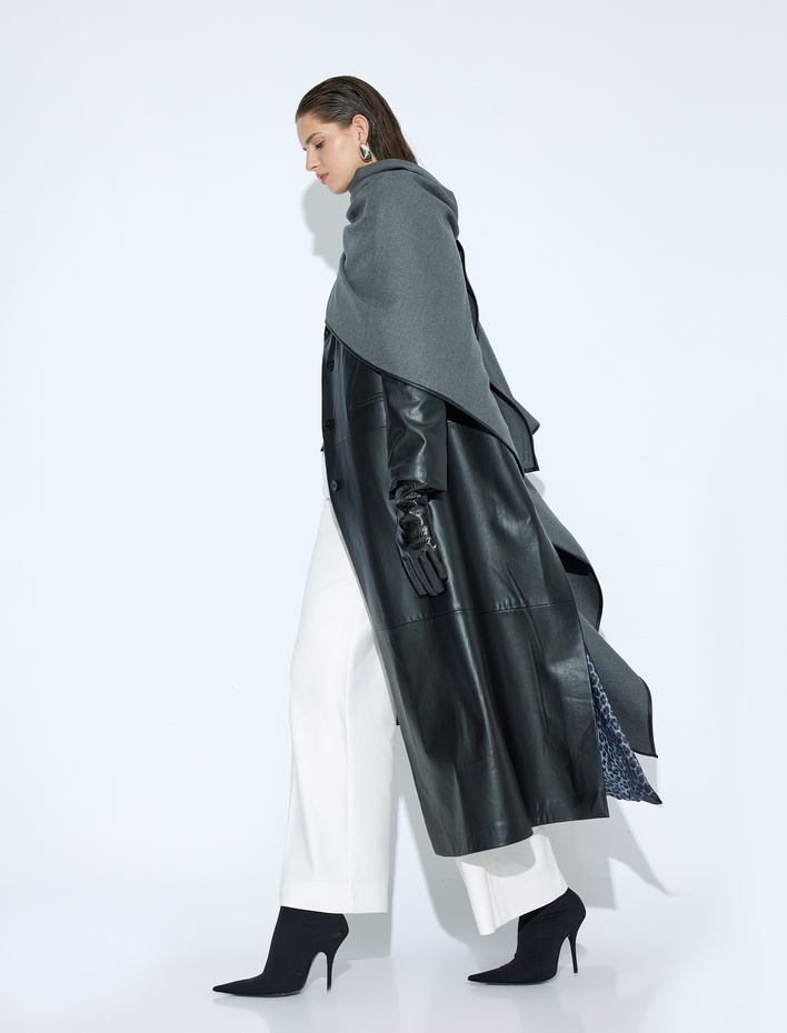  Ekstra Uzun Suni Deri Trençkot Kruvaze Düğmeli Cepli