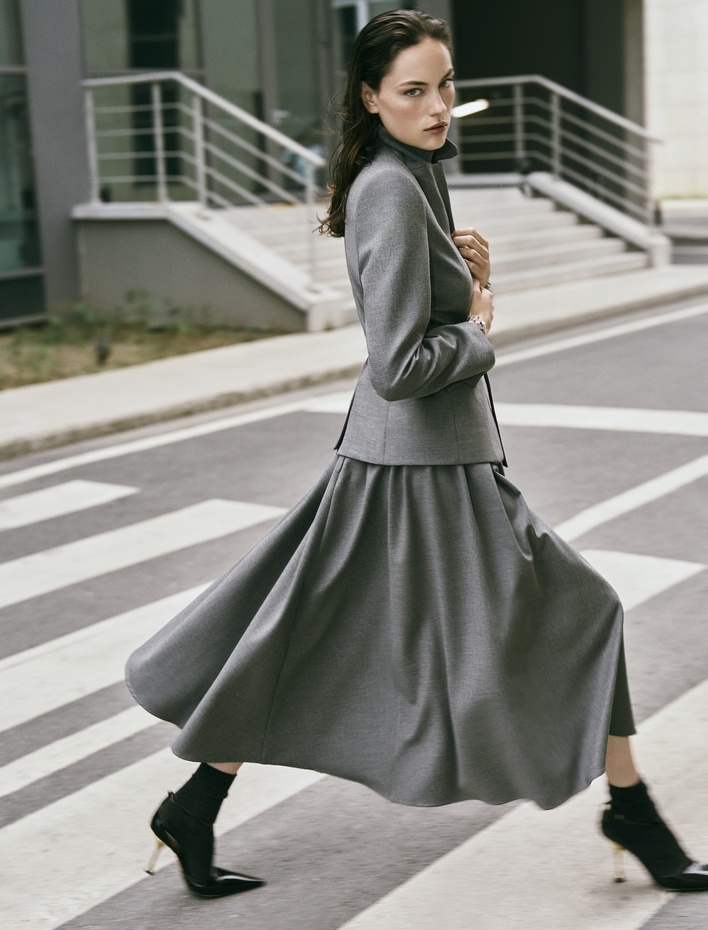  Volanlı Cepli Midi Boy A Kesim Kumaş Etek