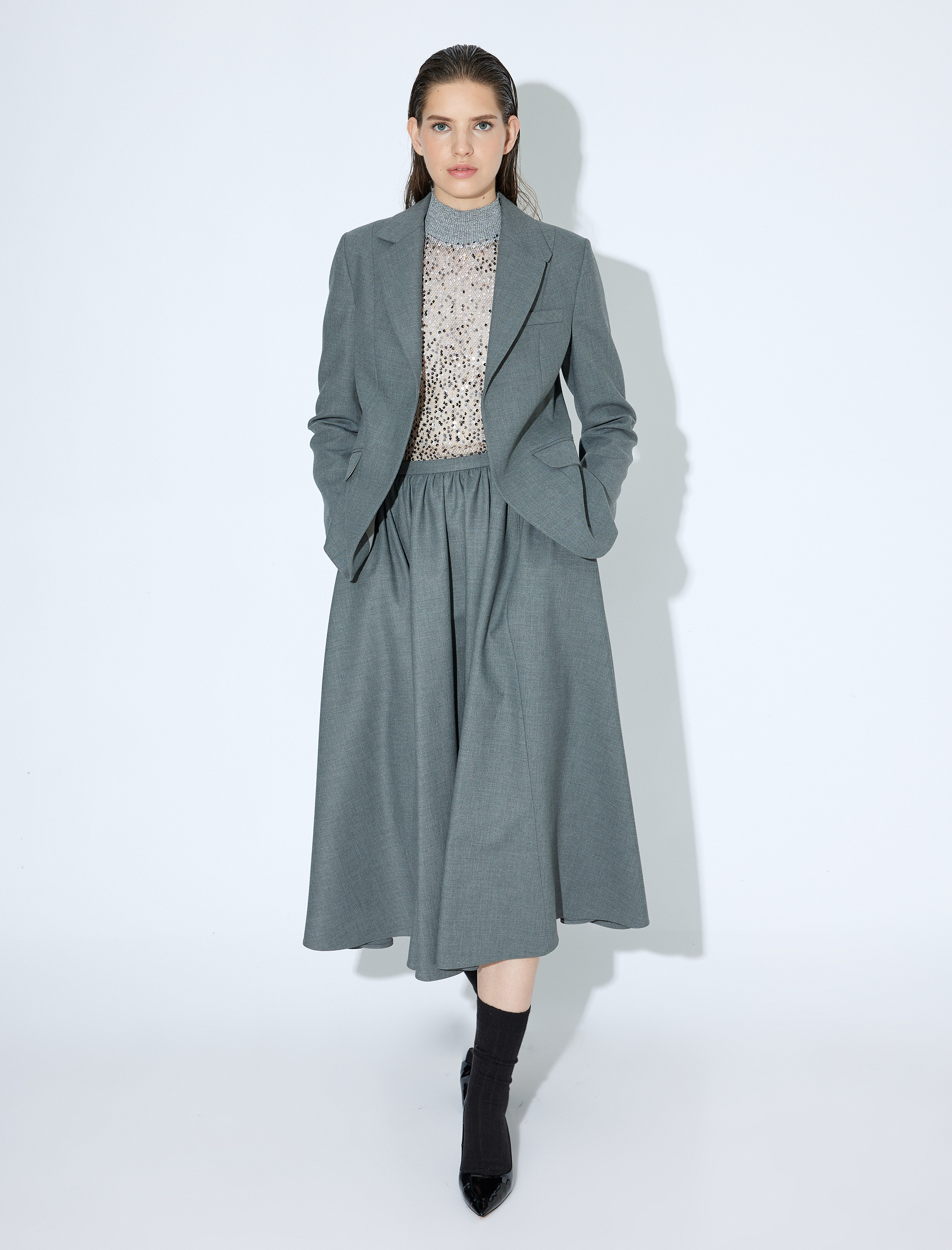   Volanlı Cepli Midi Boy A Kesim Kumaş Etek