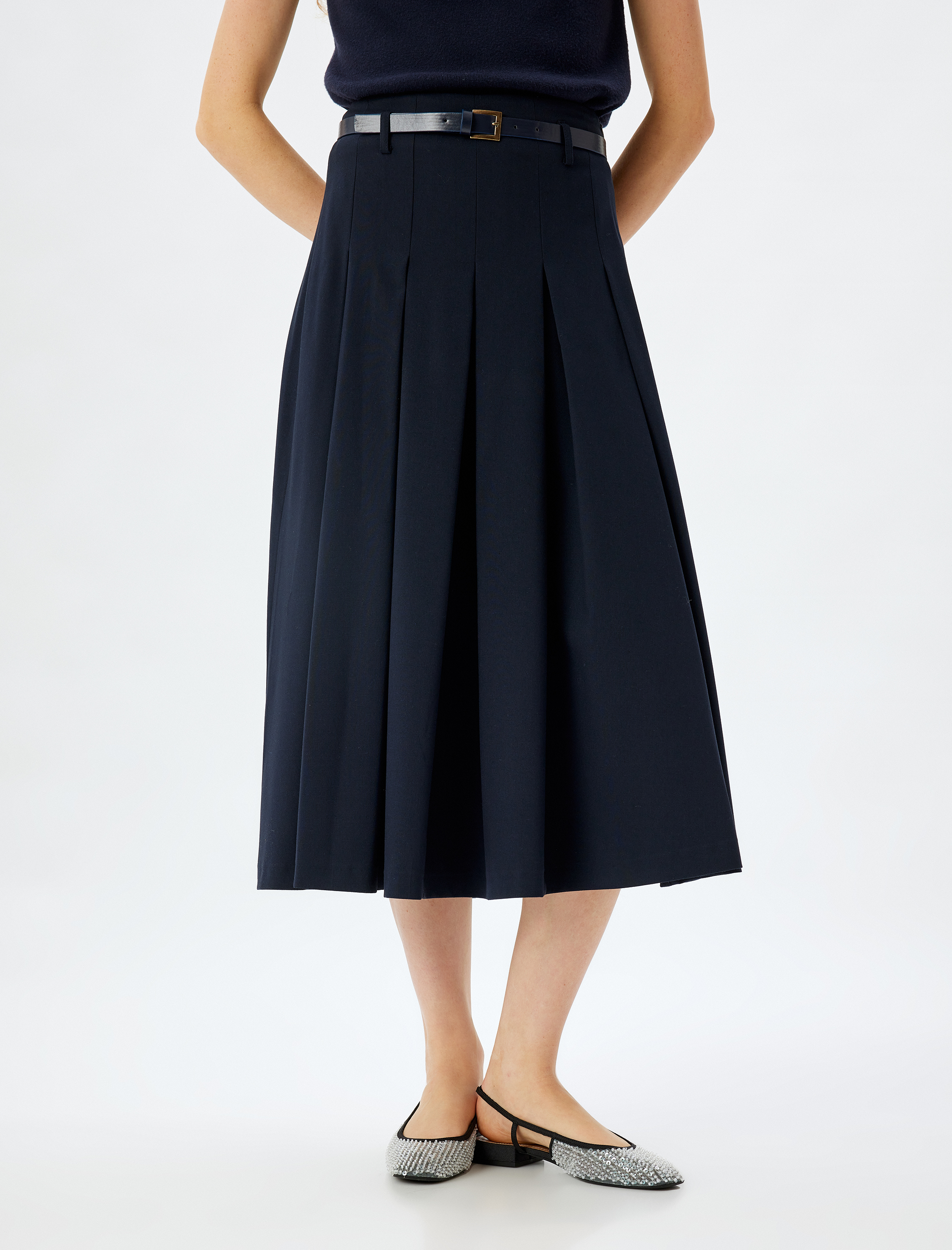   Kemerli Rahat Kalıp Midi Boy Pileli Etek