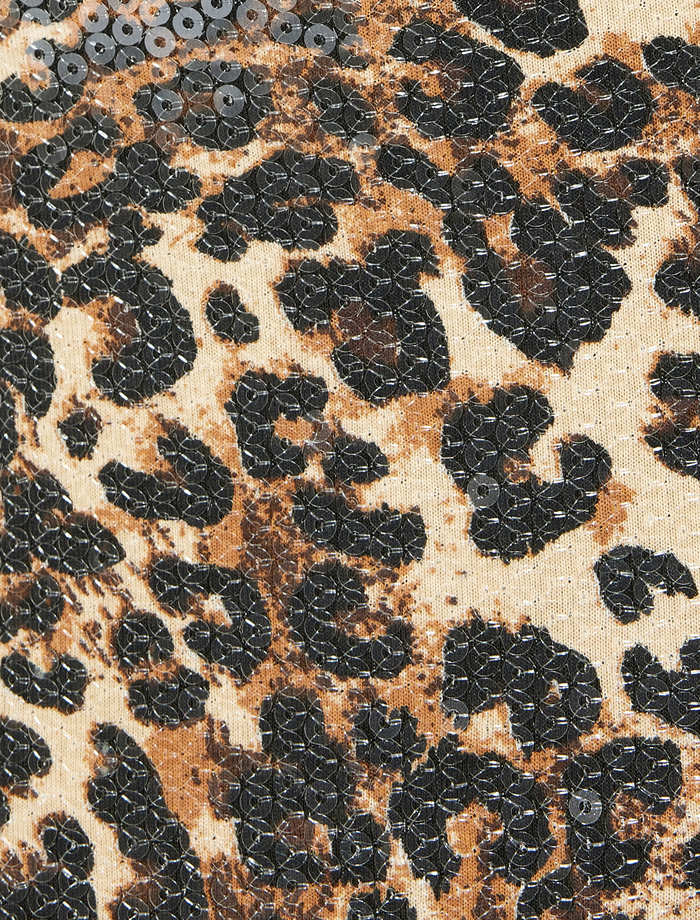   Midi Boy Yırtmaç Detaylı Kolsuz Pullu Payetli Leopar Elbise