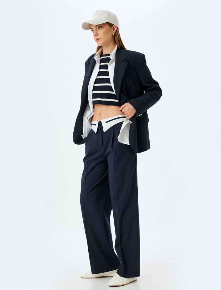  Asimetrik Ters Bel Detaylı Kumaş Pantolon Geniş Paça Cepli