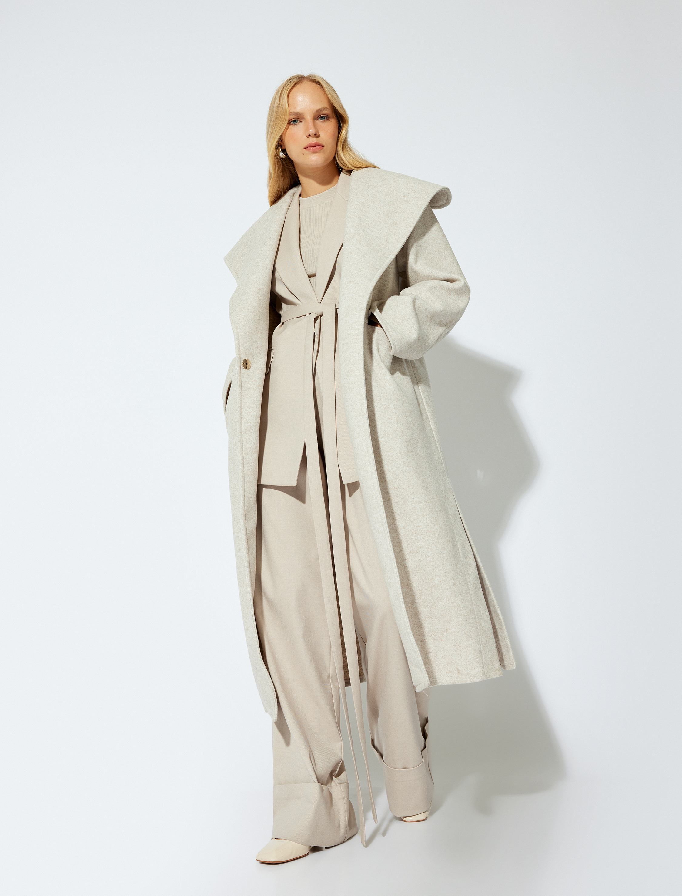   Yüksek Bel Geniş Paça Kumaş Pantolon Cepli Pile Detaylı