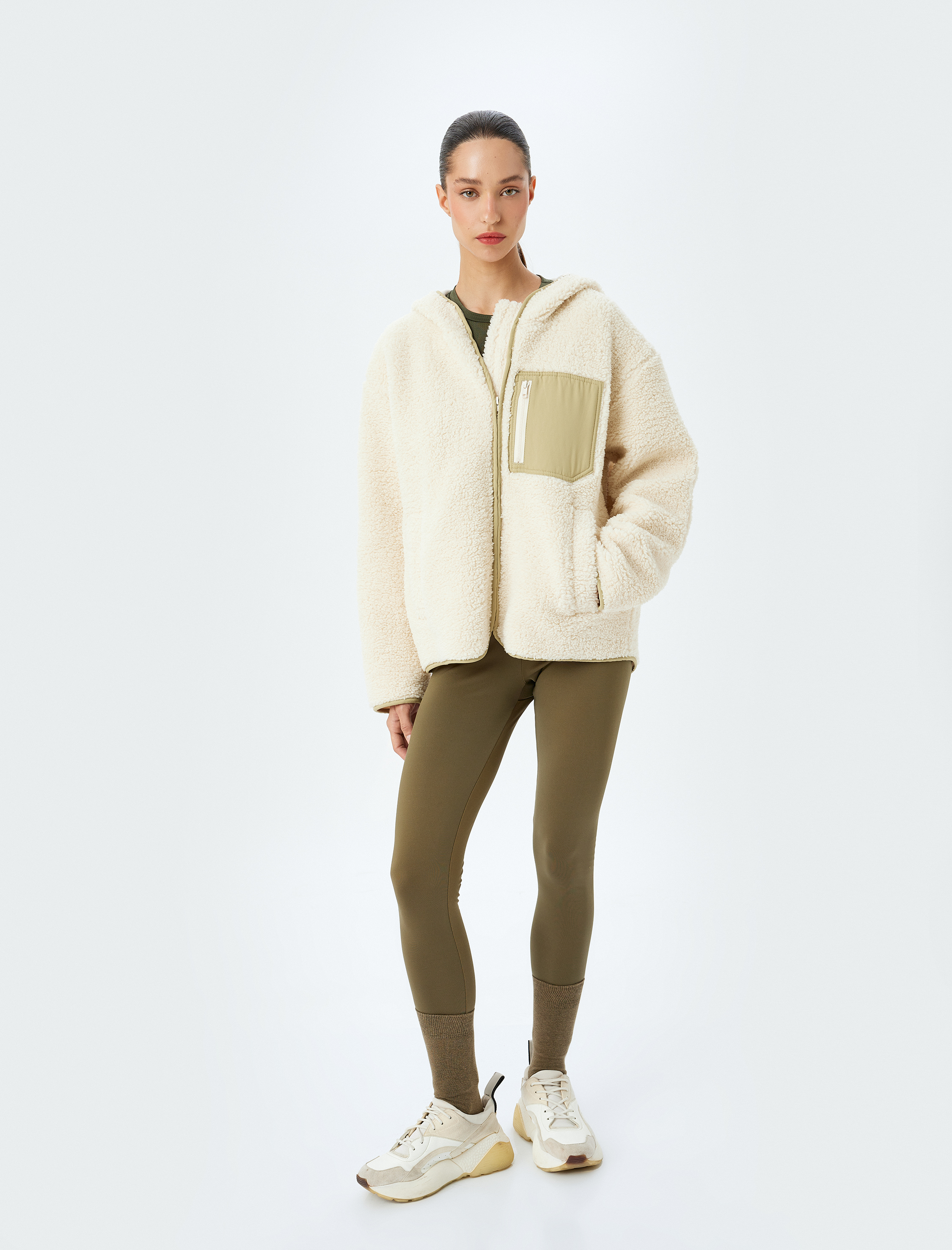   Peluş Ceket Oversize Fermuarlı Kapüşonlu Cep Detaylı