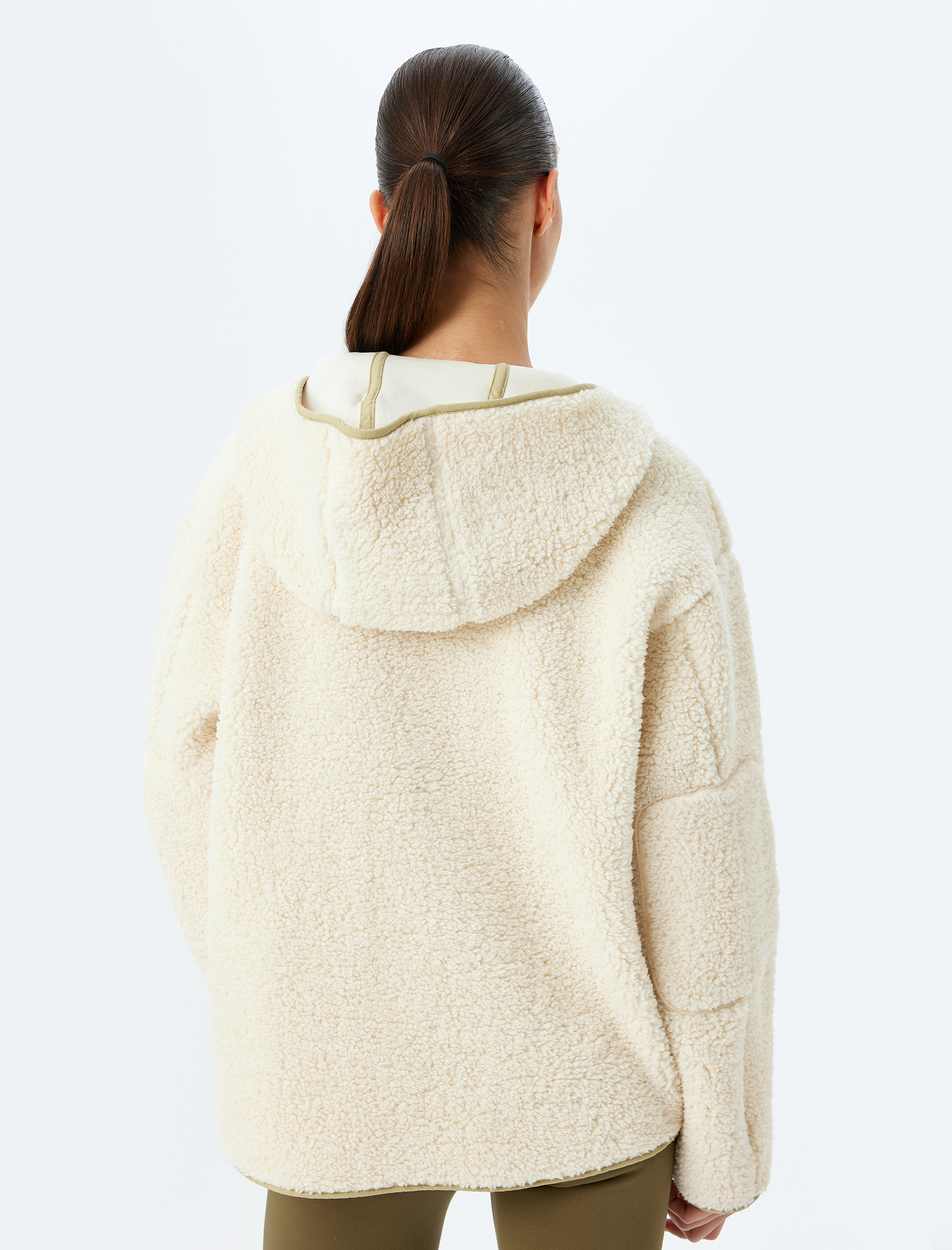   Peluş Ceket Oversize Fermuarlı Kapüşonlu Cep Detaylı