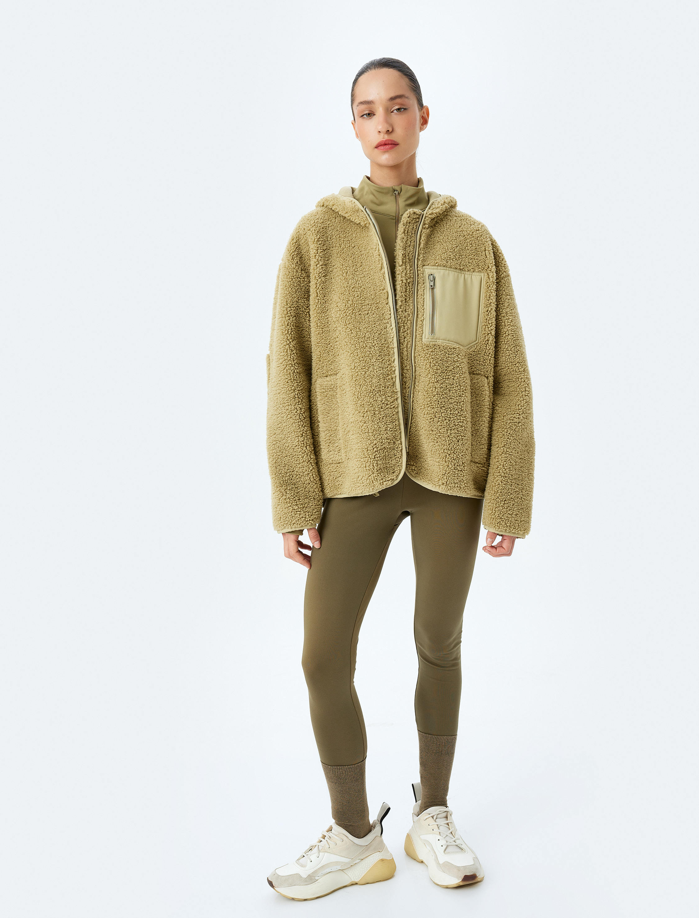   Peluş Ceket Oversize Fermuarlı Kapüşonlu Cep Detaylı