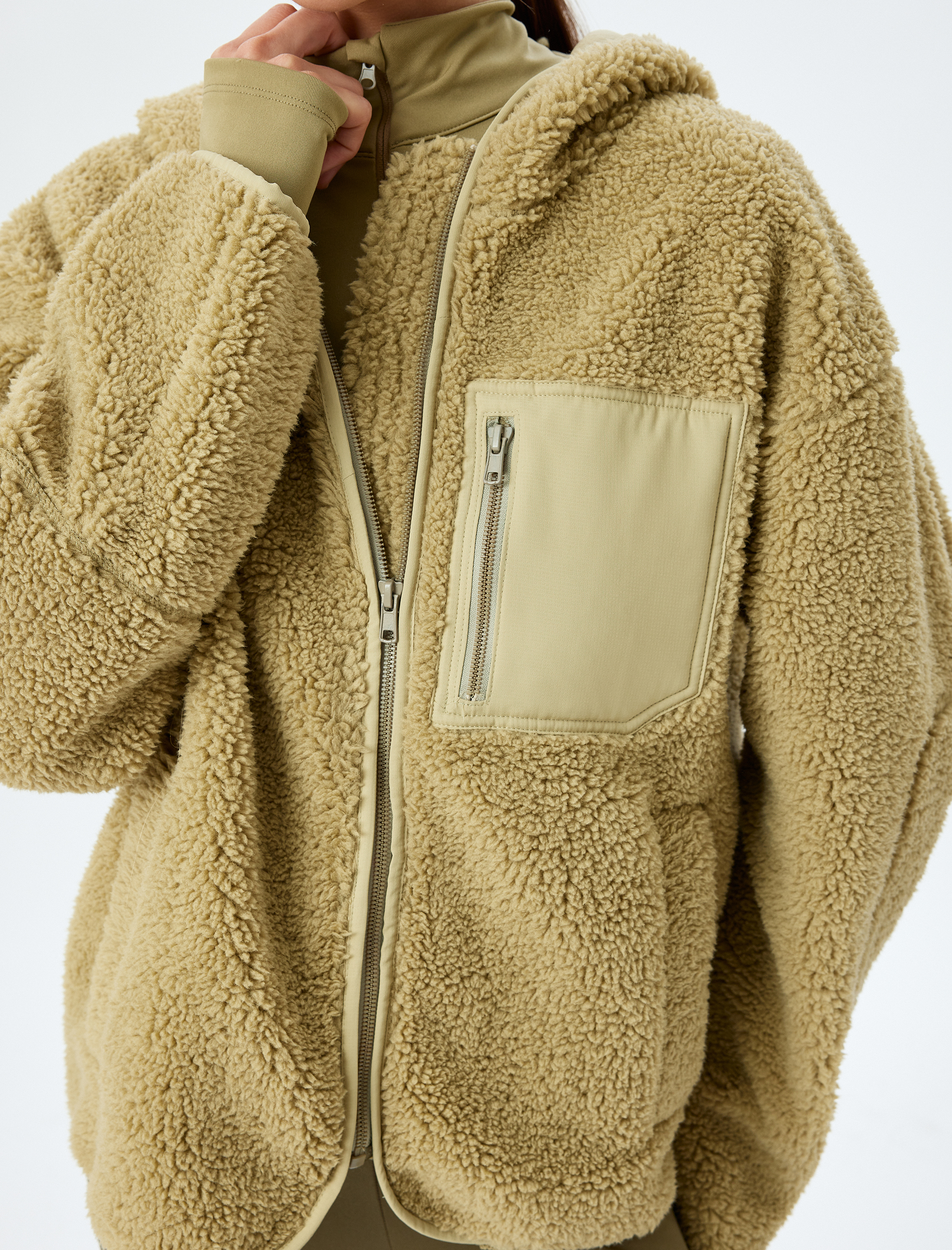   Peluş Ceket Oversize Fermuarlı Kapüşonlu Cep Detaylı