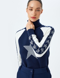 Uzun Kollu Balıkçı Yaka Renk Bloklu Yıldız Desenli Kazak