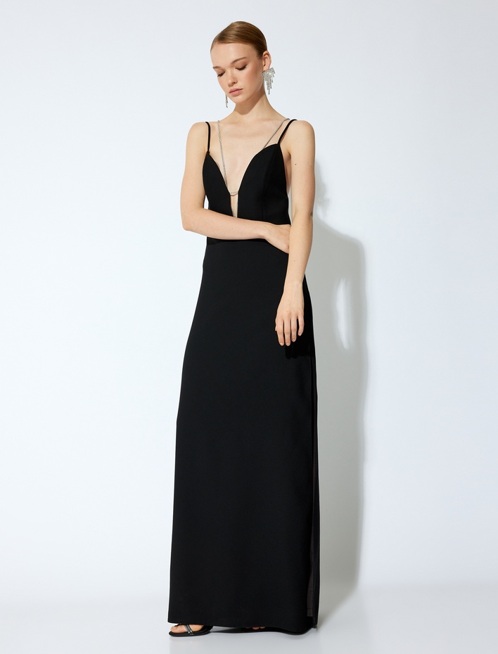  V Yaka Taşlı İp Askılı Sırtı Bağcıklı Yırtmaçlı Uzun Abiye Elbise