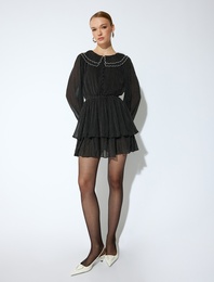 Uzun Kollu Bebe Yaka Puantiyeli Mini Elbise